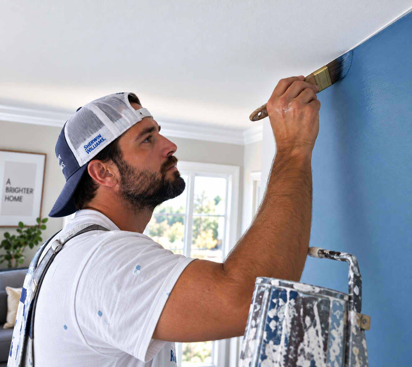 Painter cutting in an edge on a wall with a flawless line