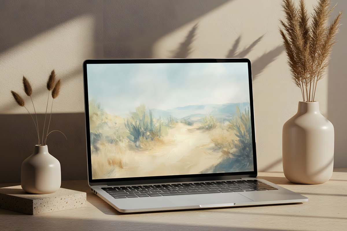 Soft Toned Cacti Serenity landscape desktop wallpaper with muted desert palette