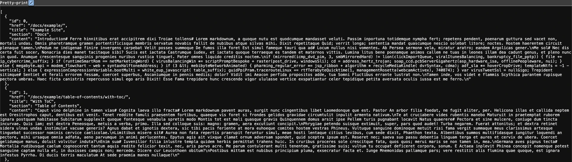 {"id": 0, "href": "/docs/example/", "title": "Example Site", "section": "Docs", "content": "Introduction..."}