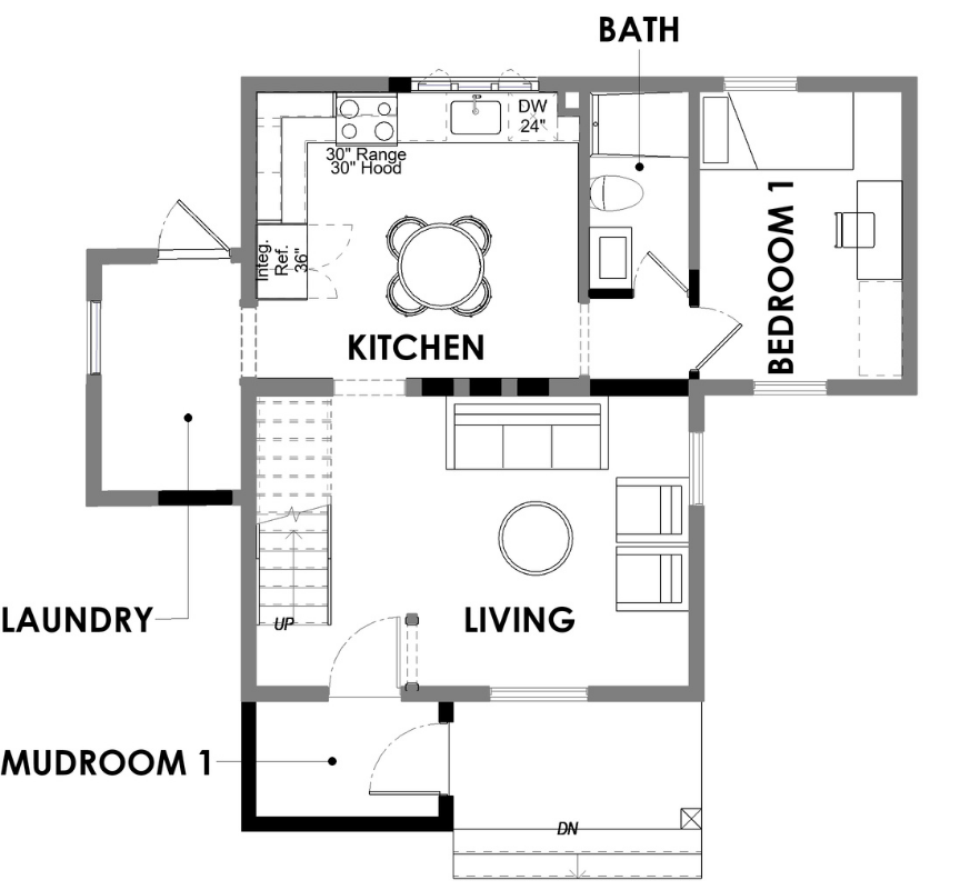 Furnished main-floor plan with mudroom, living, kitchen, bath, and bedroom