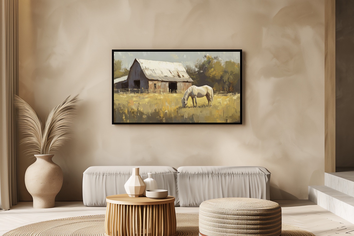 Horse by Rustic Barn Tranquility Farmhouse Frame TV Art