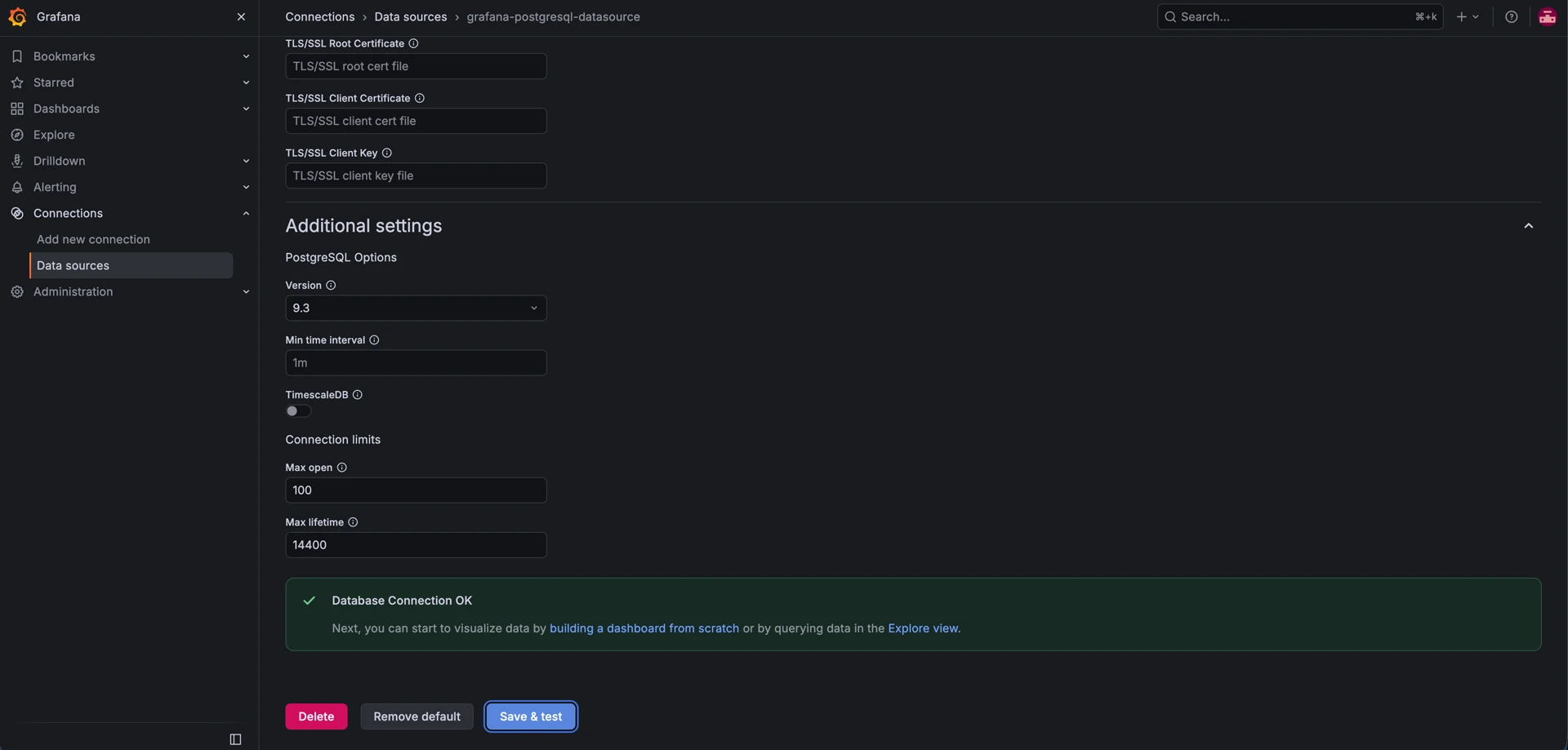 Connections > Data sources > Save & test