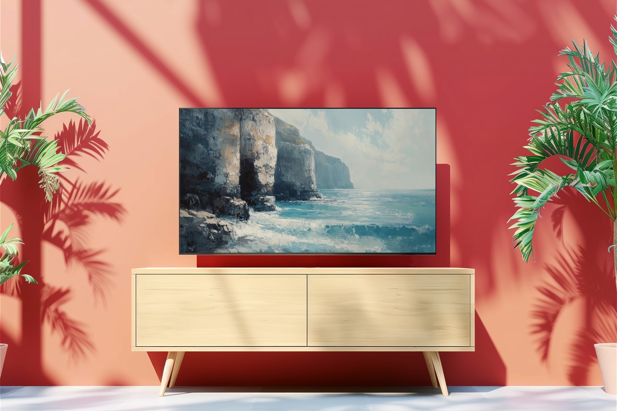 Whispering Cliffs Symphony Summer Frame TV Art — serene coastal cliffs and waves in blue-white tones