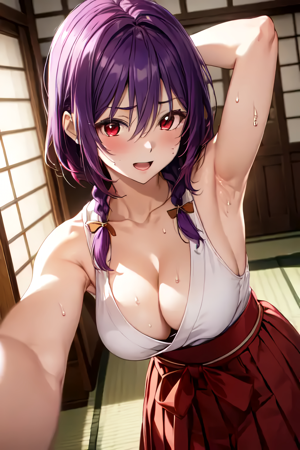 Aoba yuzuki / 蒼葉結月 by サイ with ai art, sweating, Showing off armpits, large breasts, miko, boobs I want to massage