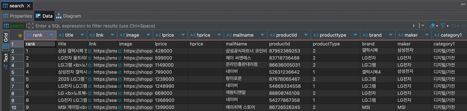 search > Data > [1] [rank, title, link, ...]