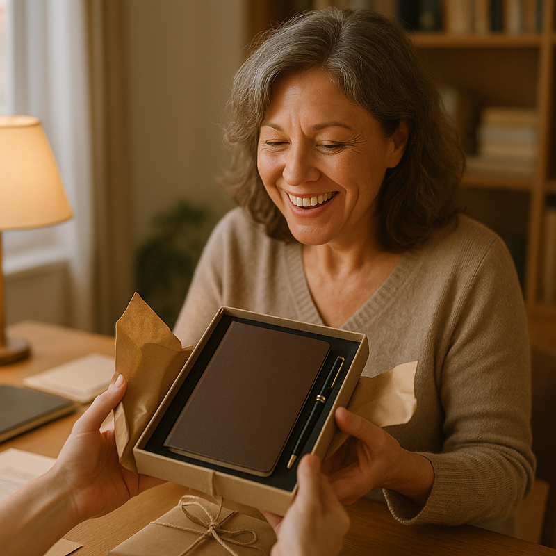 Woman opening a leadership writing gift set with a notebook and pen in a home office Woman opening a leadership writing gift set with a notebook and pen in a home office