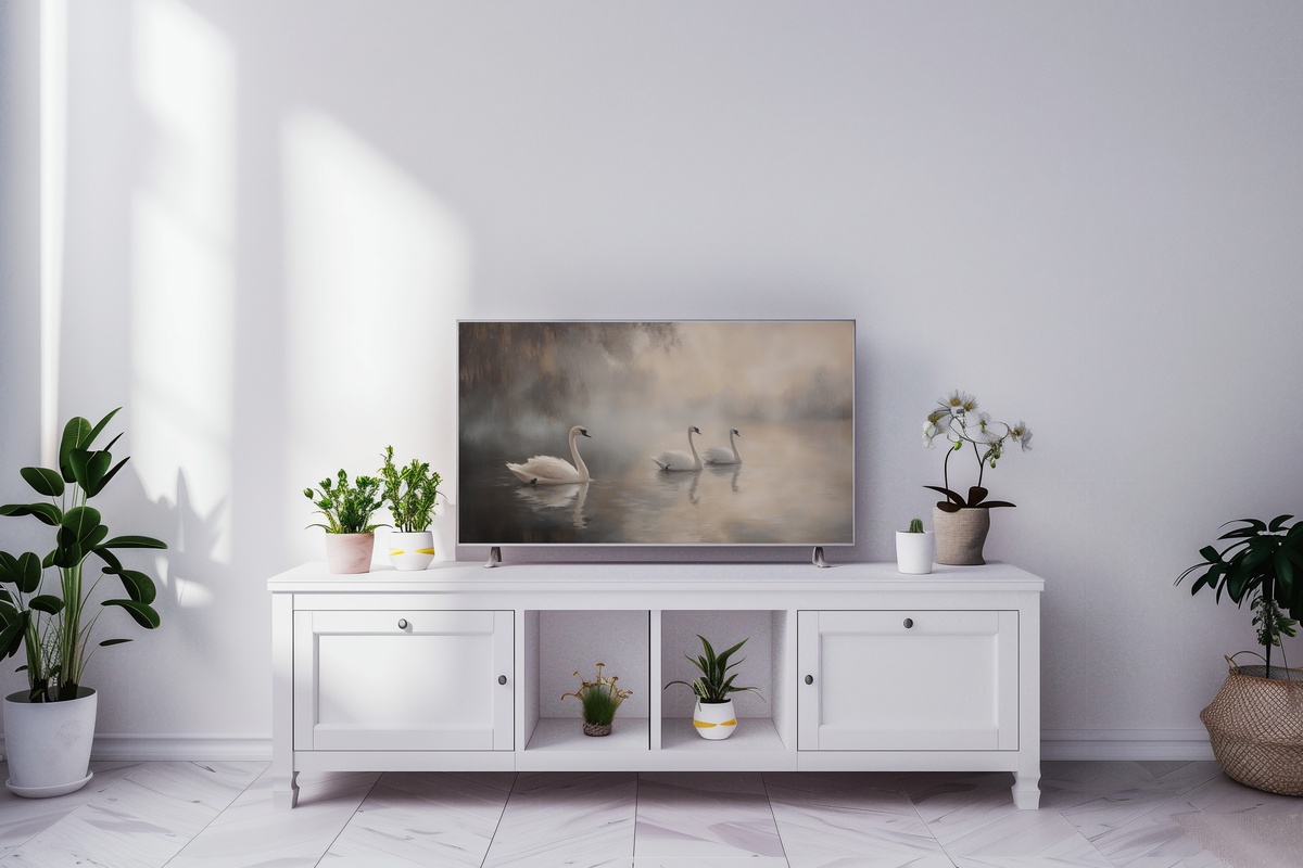 Misty Waters Swan Ballet - Vintage Frame TV Art with impressionist swans on misty waters