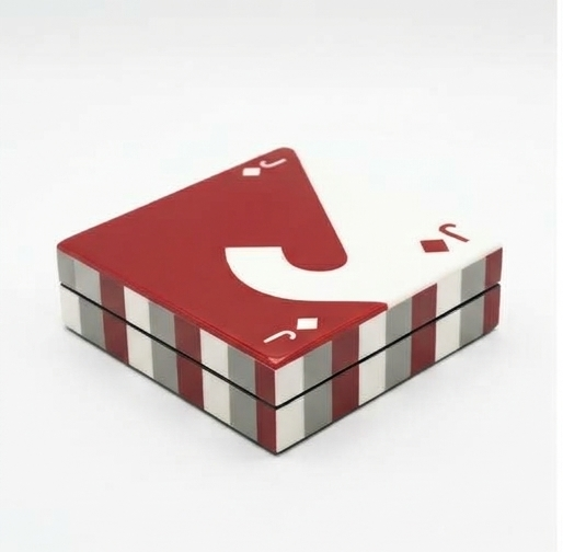 Modern Geometric Decorative Playing card Box – Red & Ivory Striped Lid Case