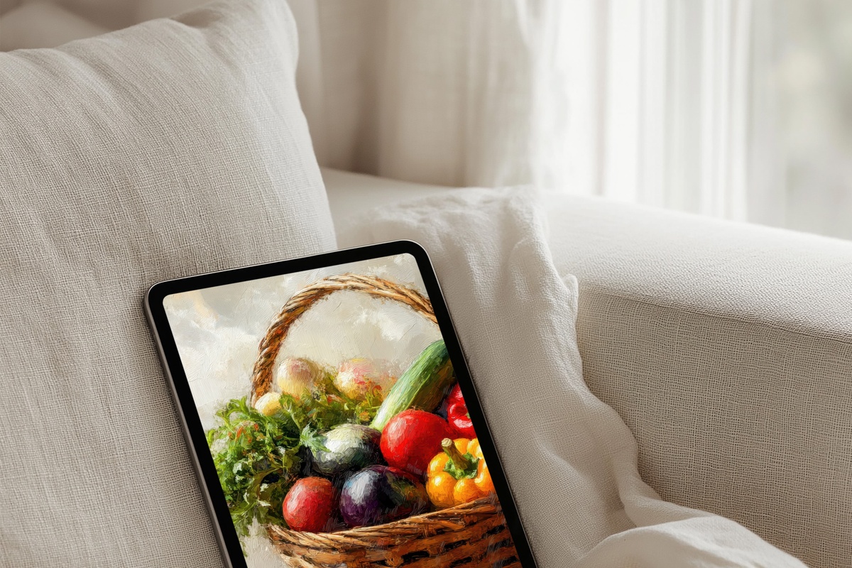 Fresh Veggie Basket Harmony farmhouse iPad wallpaper in warm earth tones