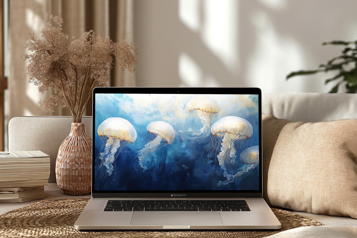 Jellyfish Serenade in Blue Coastal Desktop Wallpaper — dreamy jellyfish floating in deep blue water