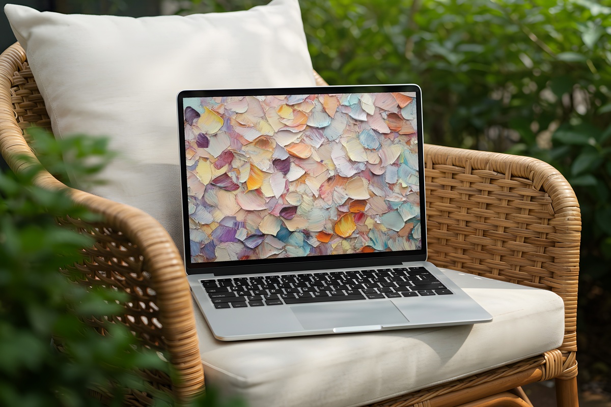 Impressionist Leaf Dance fall desktop wallpaper with loosely rendered autumn leaves in vermillion and gold
