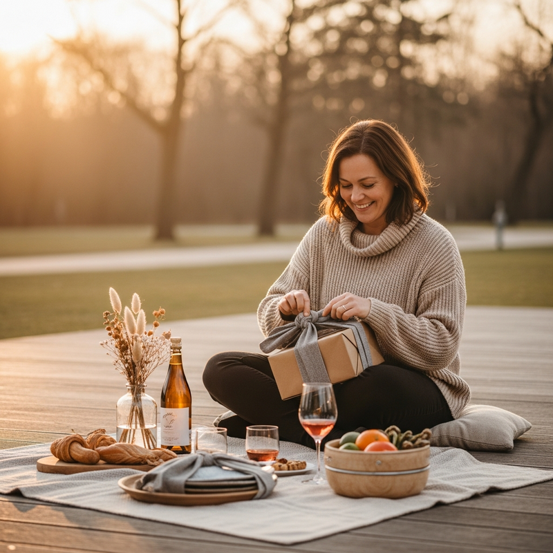 Frau öffnet romantisches Picknick-Geschenk beim Essen im Freien bei Abendlicht