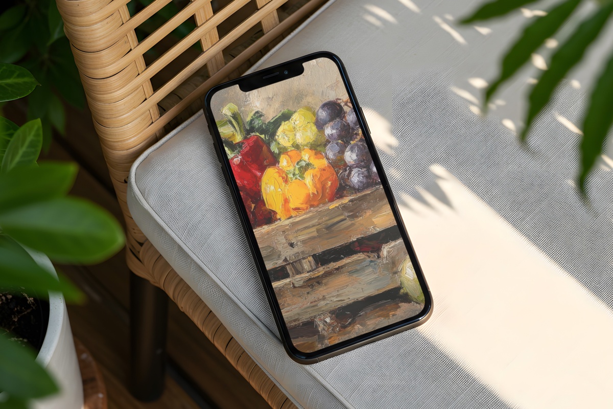 Abundant Harvest Crate Charm Farmhouse iPhone Wallpaper in earthy tones