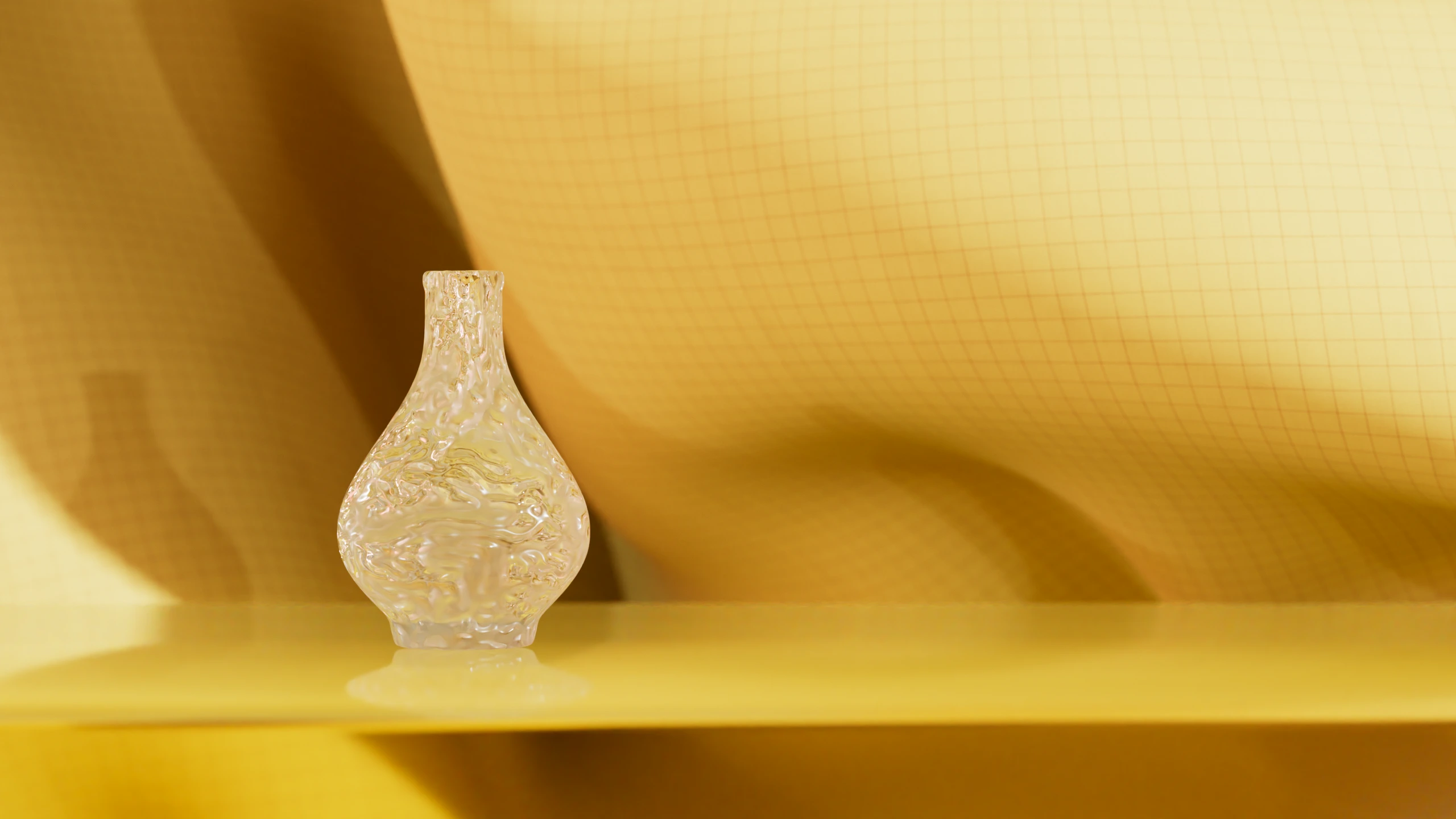 3D rendered translucent glass vase with organic textured surface displayed on a yellow shelf against a warm yellow grid backdrop  Unda home goods concept
