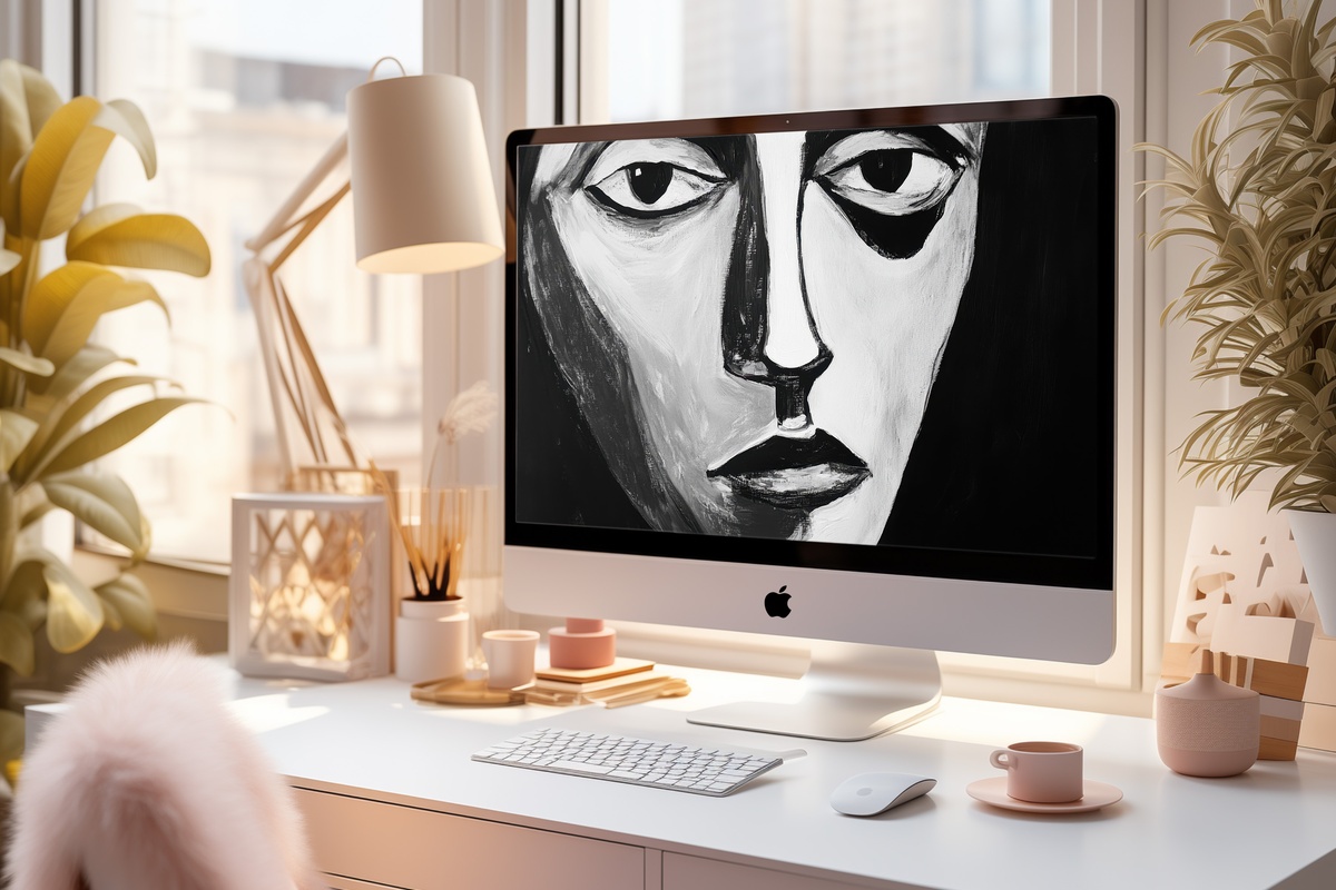 Black and White Face in Bold Lines Desktop Wallpaper