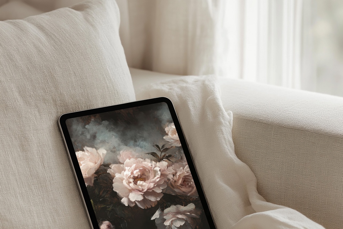 Dark Background Blush Blooms iPad Wallpaper — blush florals against a deep dark ground
