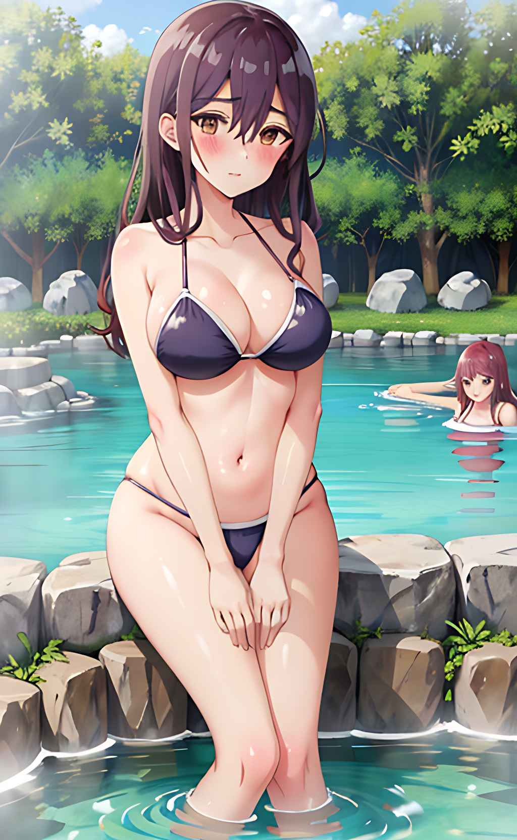 AIイラスト勉強中(ご注意:奇形や違和感あります) by AI実験室 with beautiful girl, Mitsuki Yano, Yuri is My Job!, onsen, bikini, swimsuit, breasts