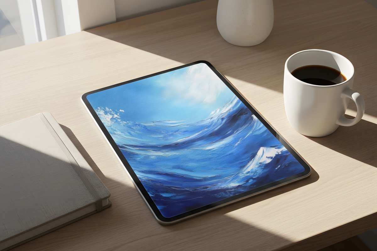 Blue Ocean Wave Elegance Modern iPad Wallpaper in deep blue and white