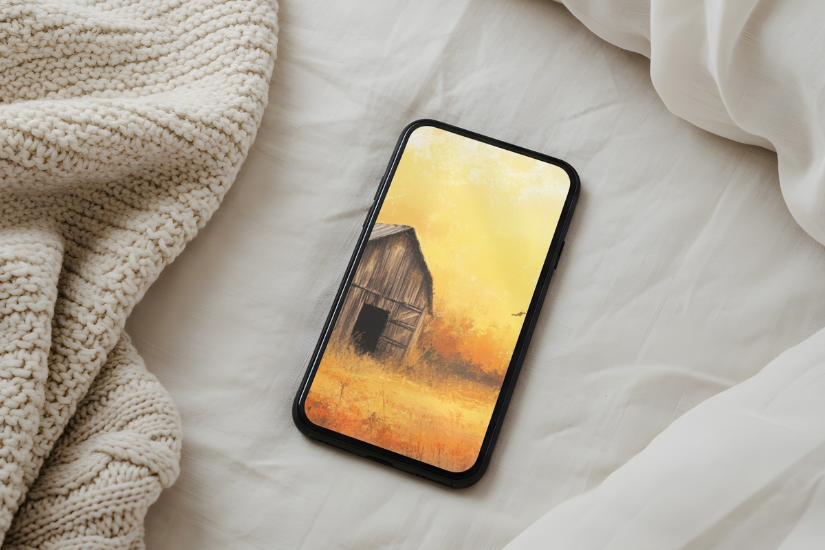 Sunset on Rustic Barn Glow farmhouse iPhone wallpaper in warm amber tones