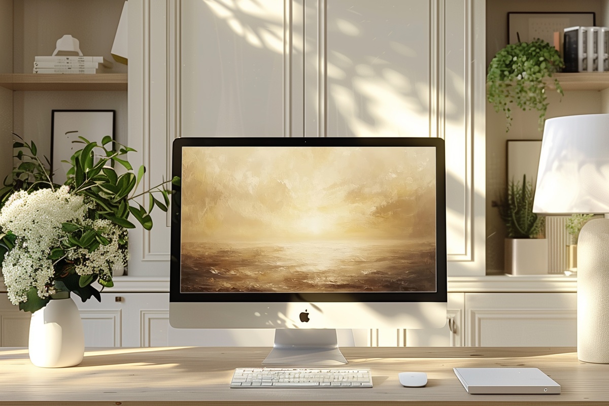 Sunset over Ocean Whispers landscape desktop wallpaper with impressionist warm coral and amber sunset