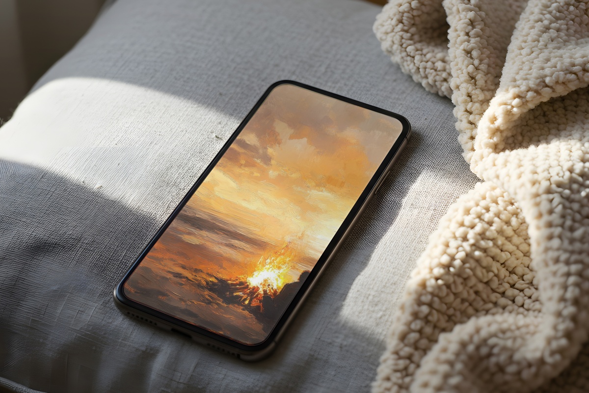 Evening Bonfire Bliss coastal iPhone wallpaper with twilight amber and ember tones