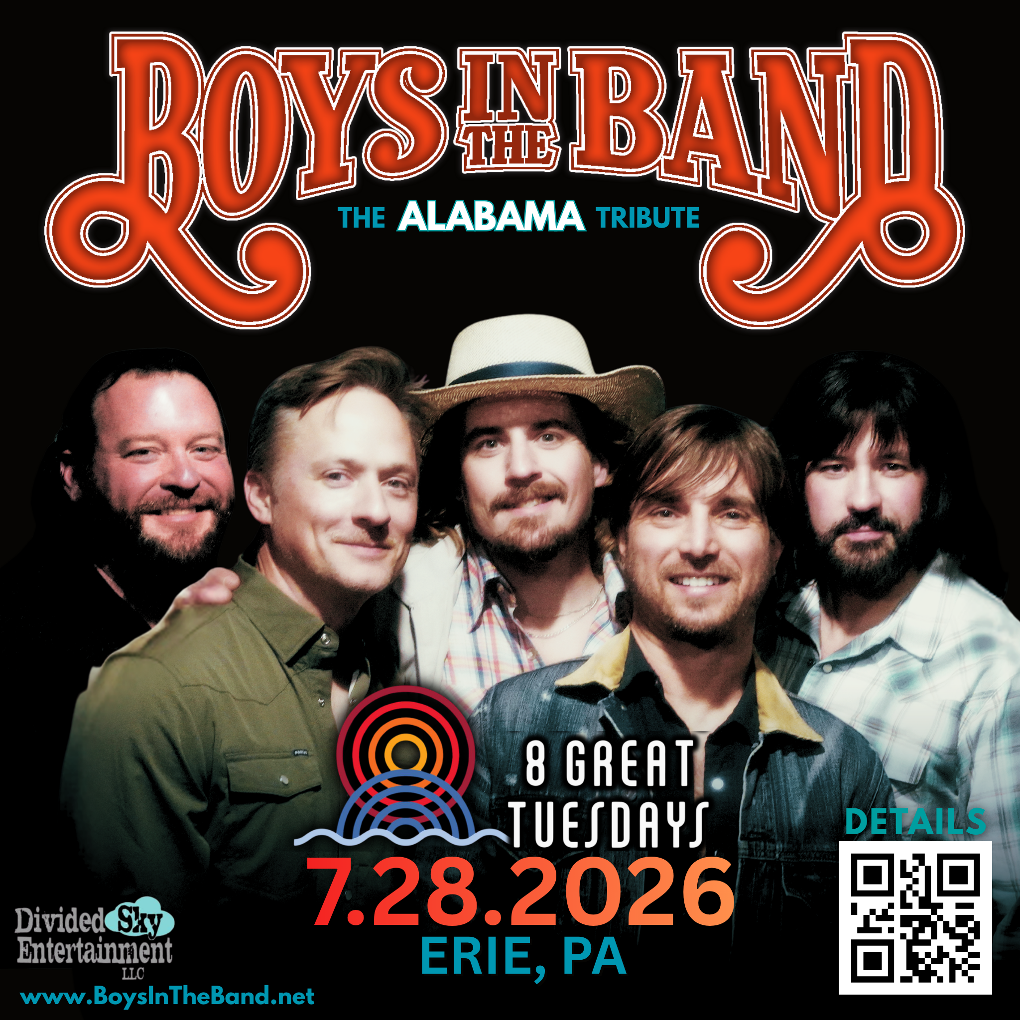 Erie's beloved lakeside summer concert series gets a whole lot louder when Boys in the Band takes the Amphitheater at Liberty Park stage. Expect two powerful sets of pure Alabama gold — the harmonies, the anthems, and the energy that made country music history. Head down to the Bayfront for a free night out on the water.