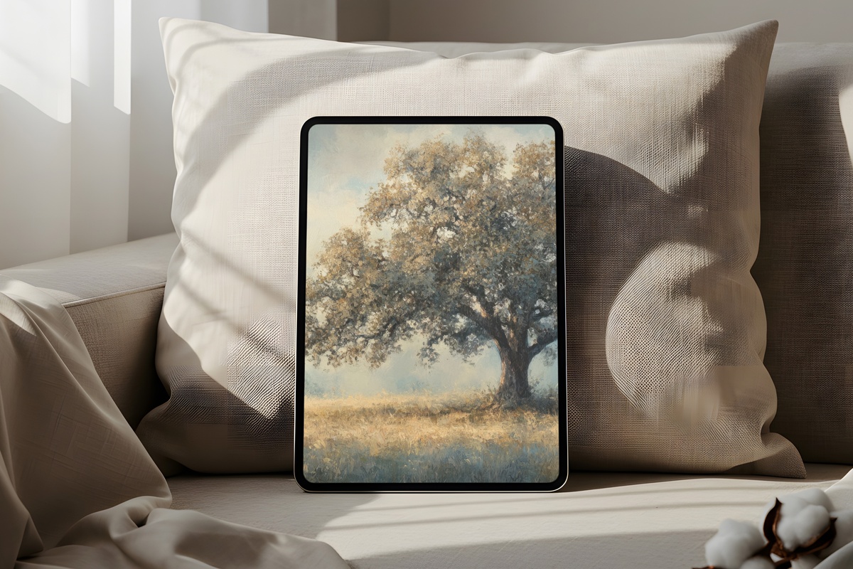 Eternal Embrace Oak Majesty Vintage iPad Wallpaper - warm ochre oak tree canopy
