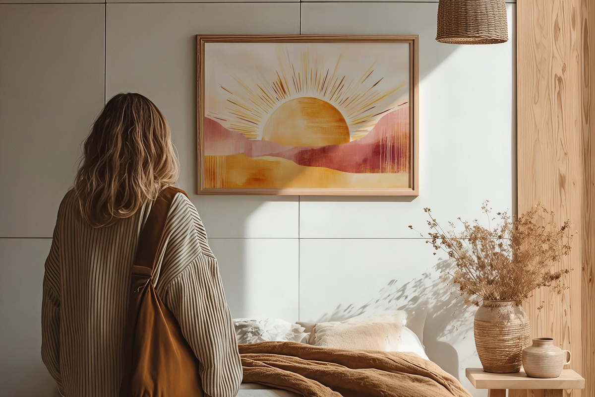 Boho Sunburst Harmony Printable Wall Art featuring a sunburst in boho style