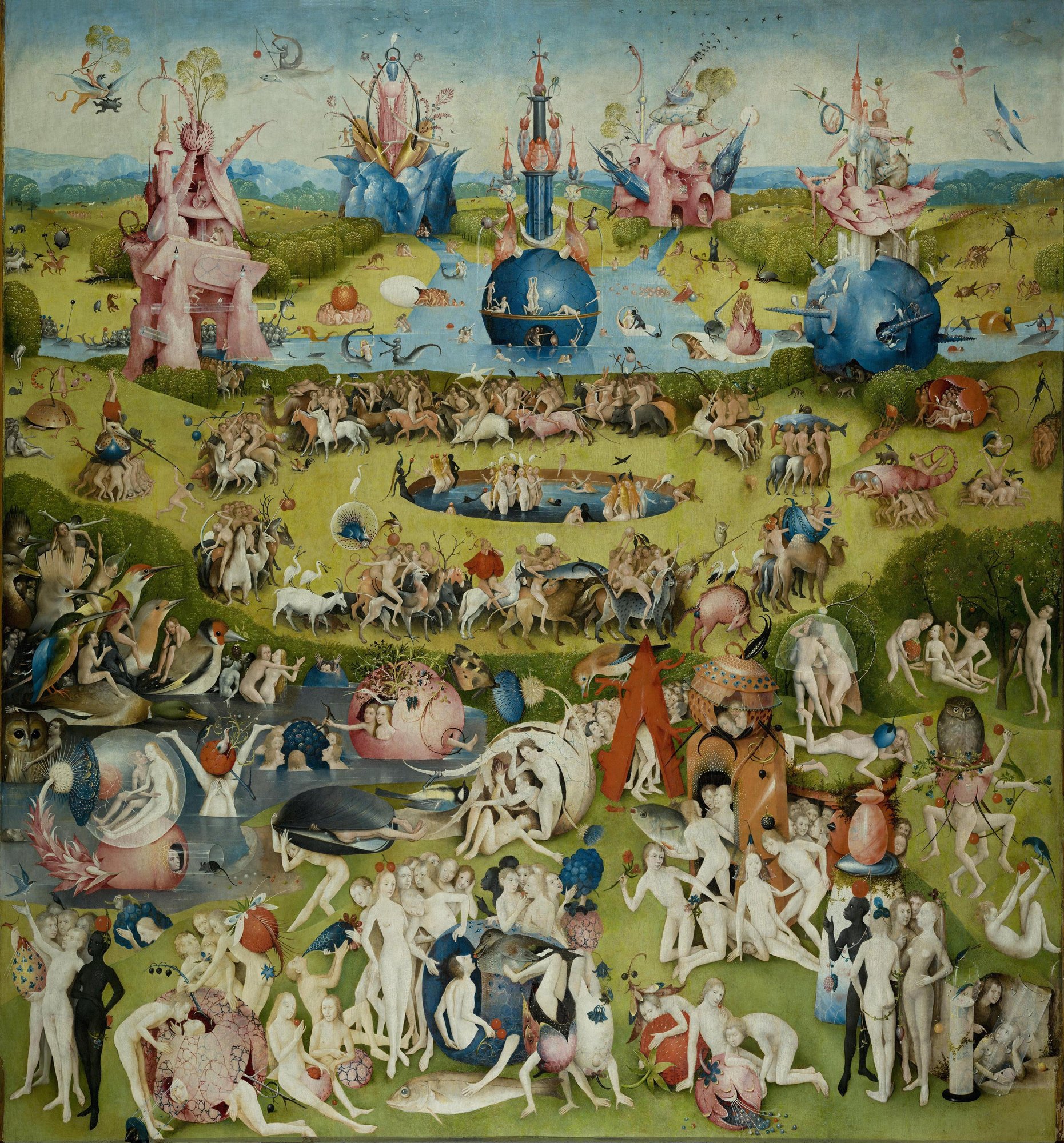 Garden of Earthly Delights, left panel: Eden. Adam, Eve, and Christ are shown beside a fountain that includes hybrid creatures already mixing the natural and the artificial.