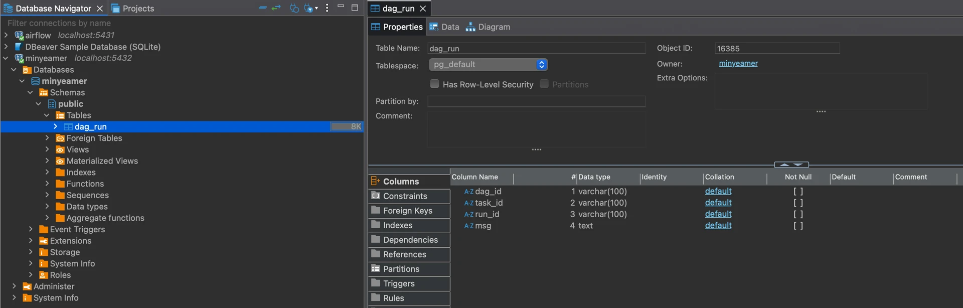 dag_run > Properties > Columns > [dag_id, task_id, run_id, msg]