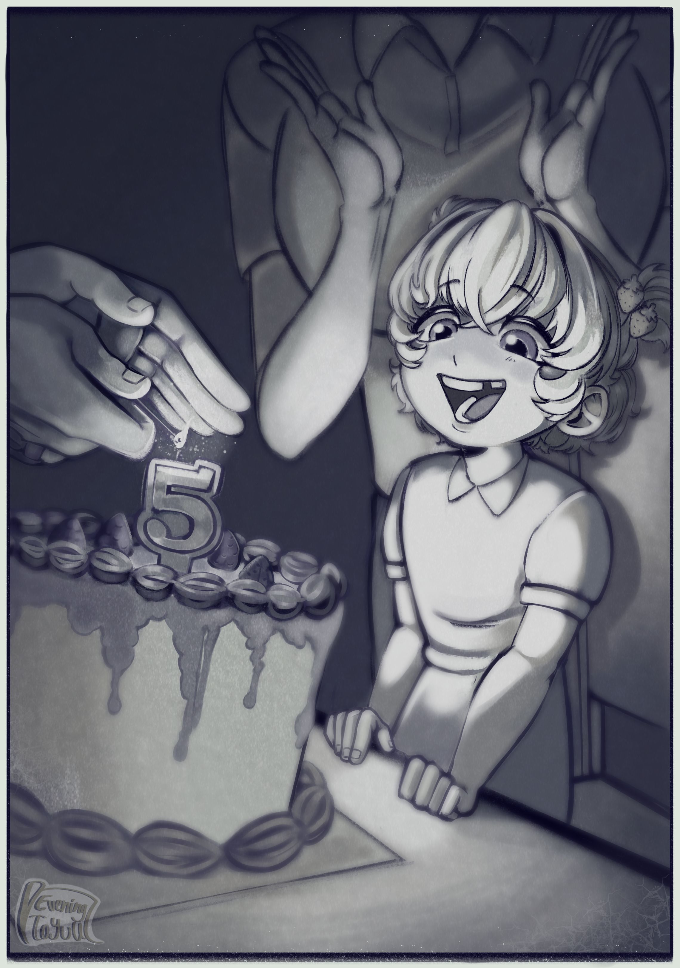 Art by Even - A photo of Kid Go Yeongeun getting ready to blow out the candles on her fifth birthday cake