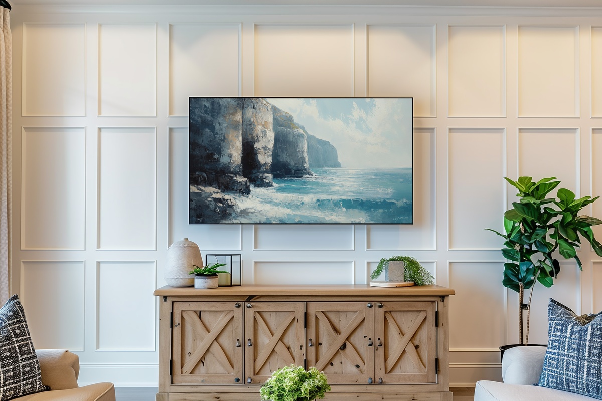 Whispering Cliffs Symphony Summer Frame TV Art featuring serene cliffs and ocean waves