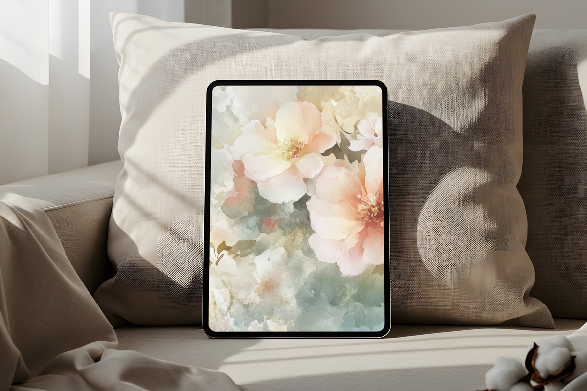 Pastel Garden Bloom Dance iPad Wallpaper — muted watercolor florals in a garden palette