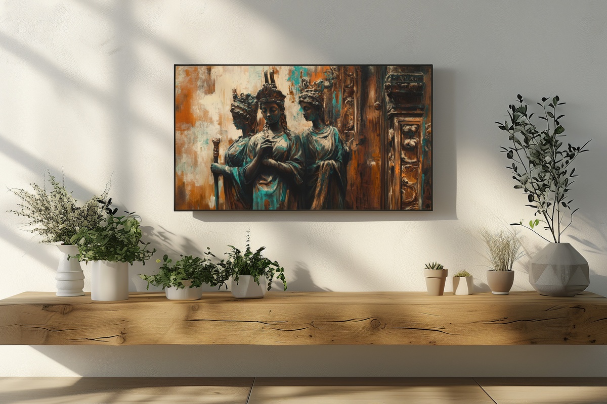 Bronze Bohemian Elegance Frame TV Art featuring antique bronze figurines in boho style