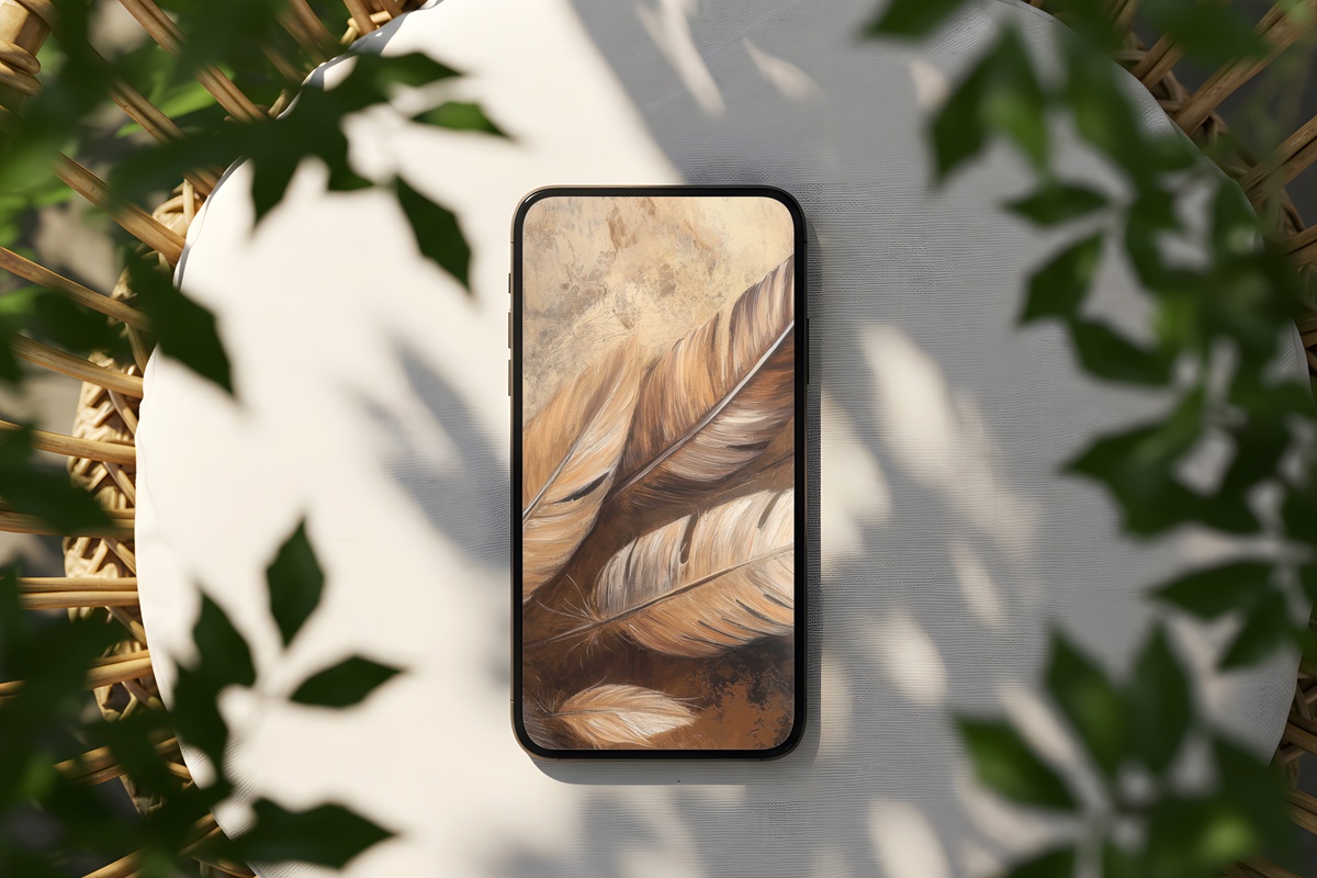 Earthy Feather Elegance boho iPhone wallpaper with warm feather motifs