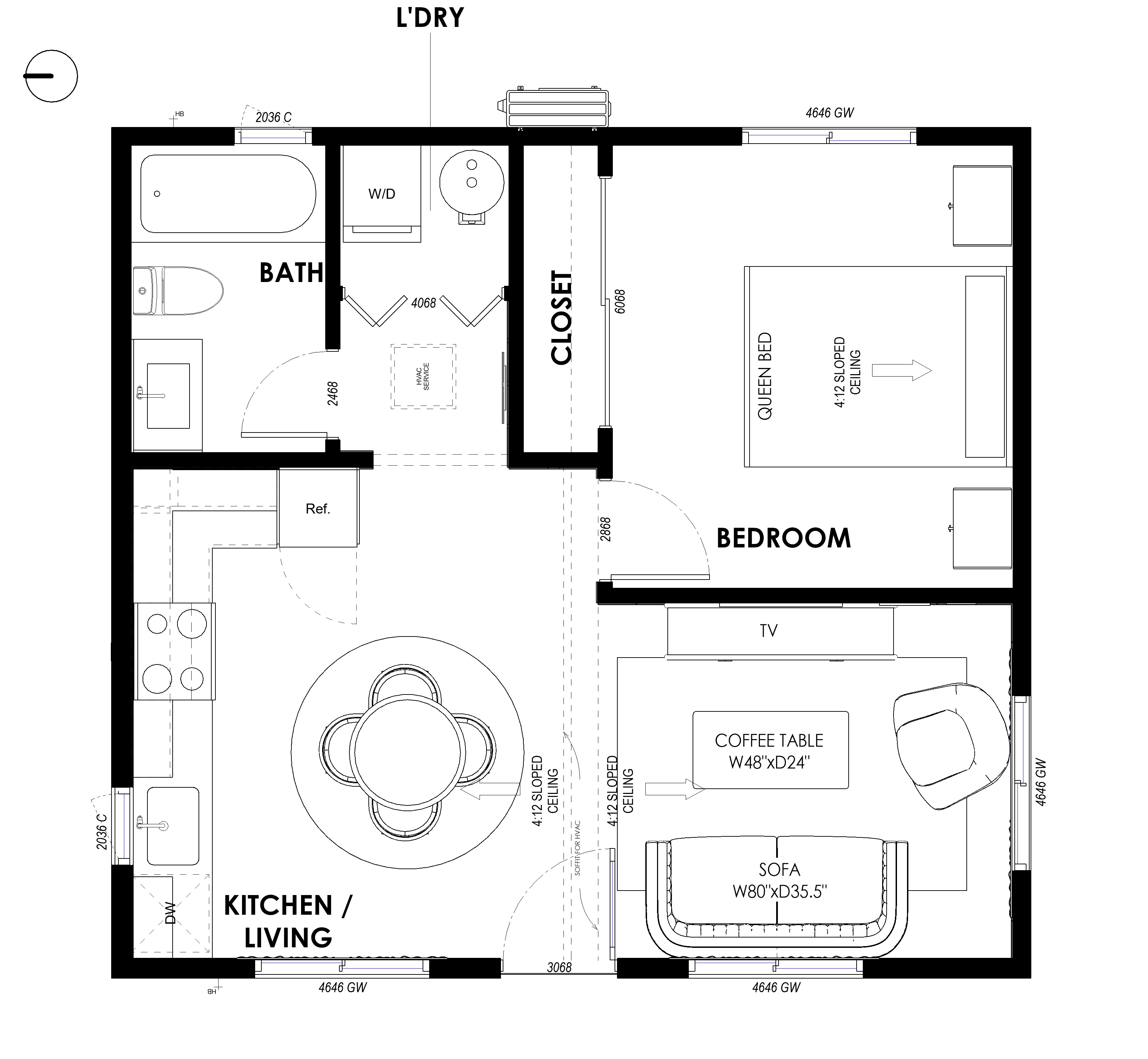 Furnished floor plan of a one-bedroom detached ADU with a kitchen and living room, a bedroom, a bath, and laundry