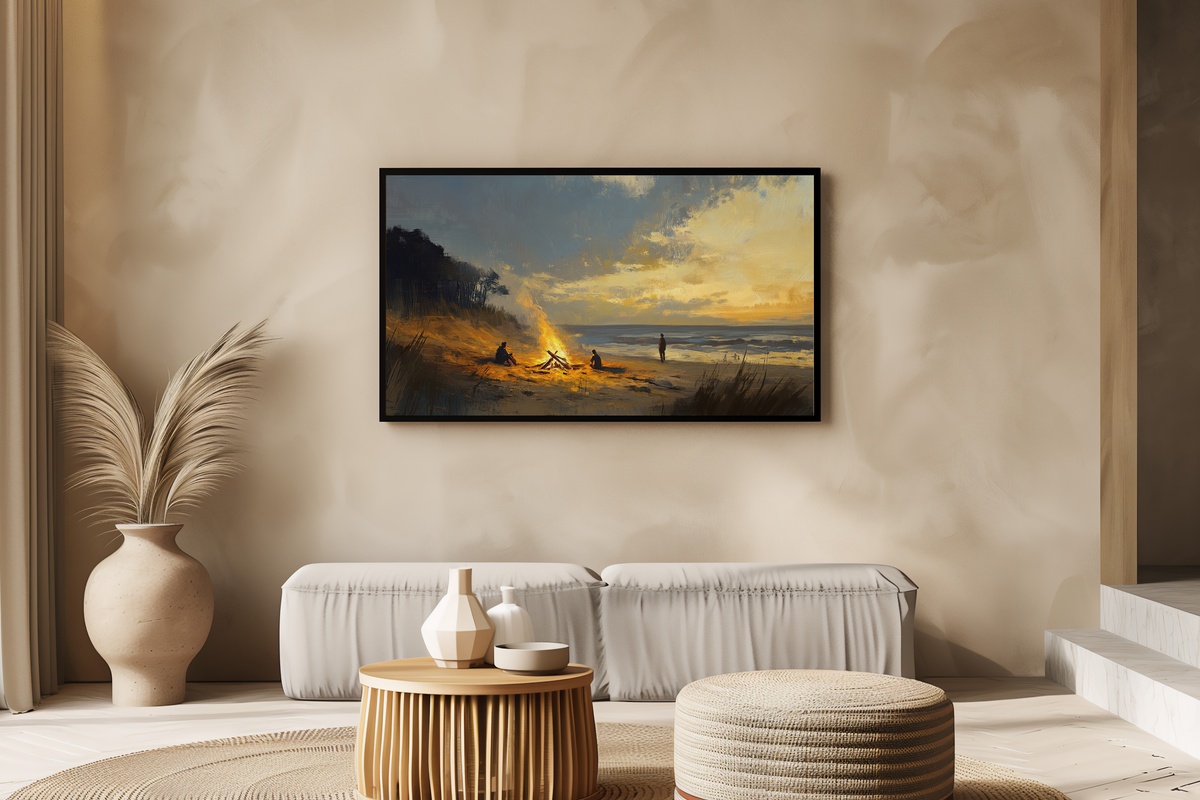 Bonfire Gatherings Coastal Frame TV Art — impressionist bonfire scene on Samsung Frame TV