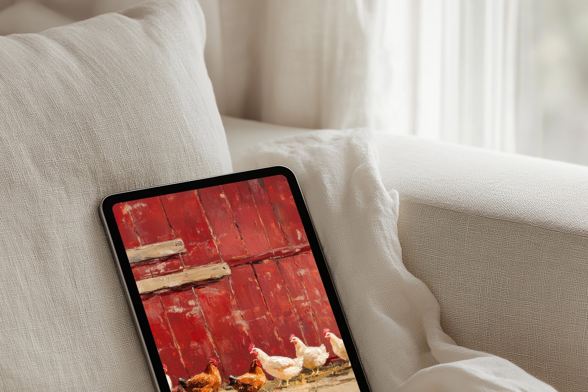 Barnside Chicken Parade farmhouse iPad wallpaper with rich rustic earth tones