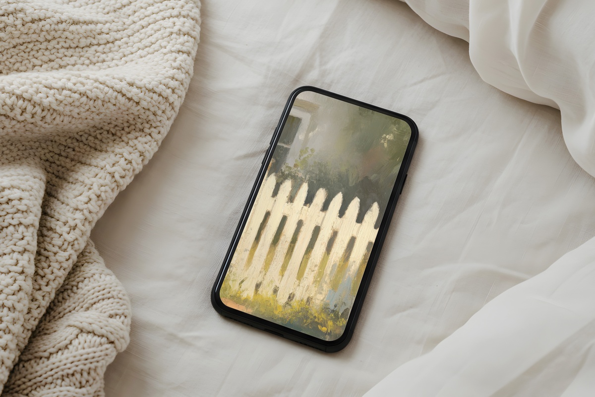 Picket Fence Garden Serenity Farmhouse iPhone Wallpaper in soft blush tones