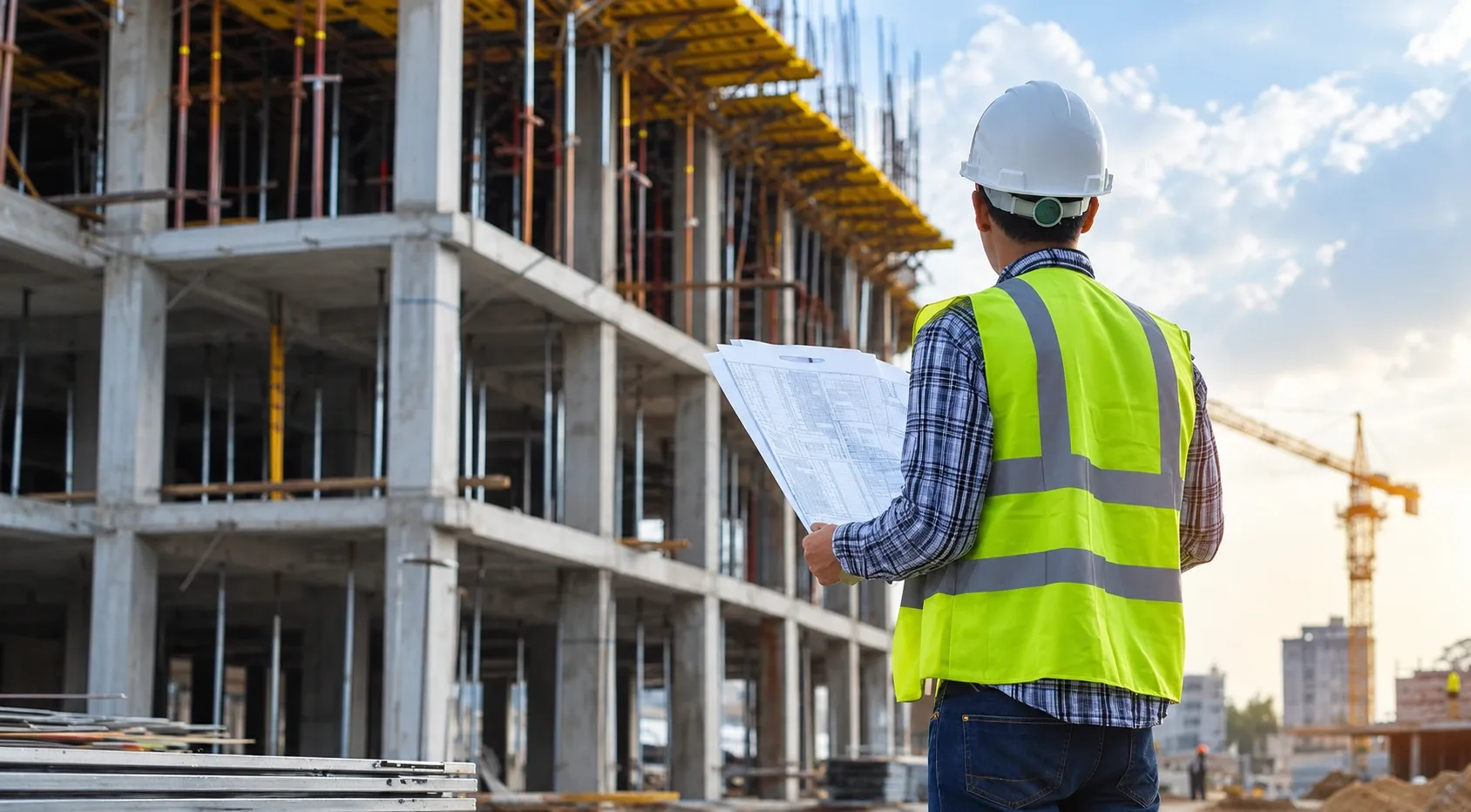 Construction worker reviewing blueprints at a concrete formwork site
