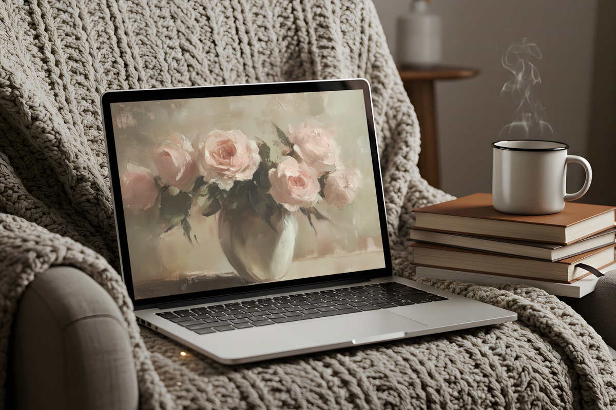 Vased Blush Rose Elegance Floral Desktop Wallpaper
