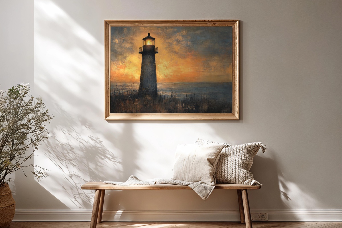 Dusk Beacon Glow coastal printable wall art showing a lighthouse beacon illuminating the coastline at dusk
