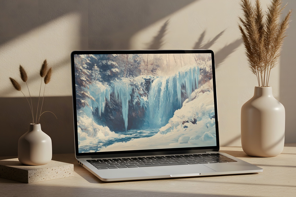 Frozen Cascade's Silent Elegance Desktop Wallpaper - frozen winter waterfall