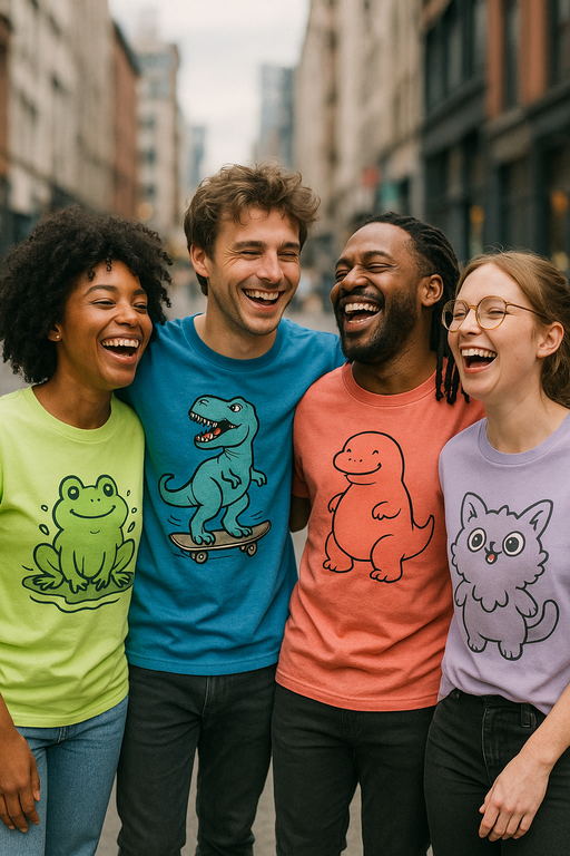 Diverse group wearing stylish funny graphic T-shirts in urban setting