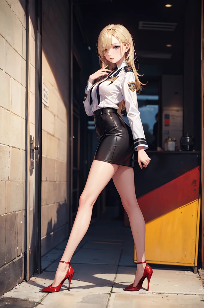 金髪タイト制服 by アスヘノキボウ with blonde, high heels, bewitching thighs, latex, leather, uniform, miniskirt, ai art, Koushuu/Sawamura