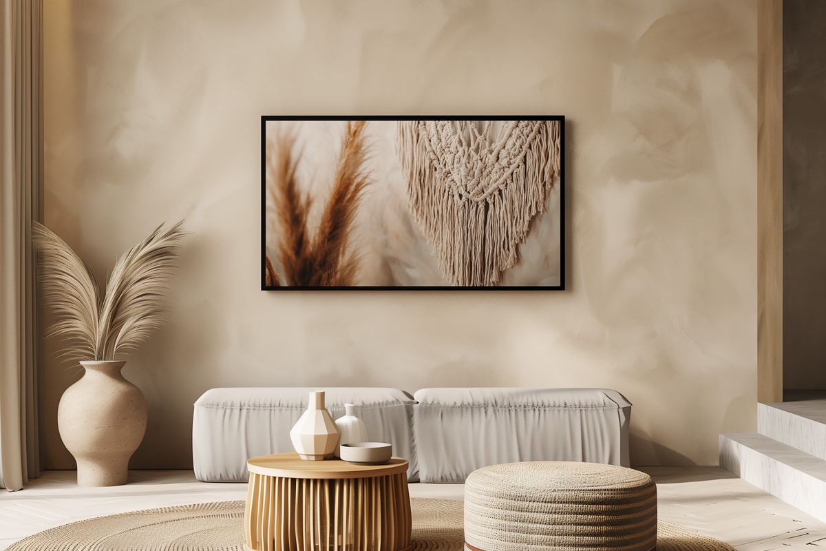 Earthy Macramé Harmony Frame TV Art featuring bohemian macramé in earthy tones