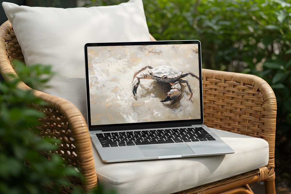 Crab's Wet Sand Journey Coastal Desktop Wallpaper — crab moving across wet sand at the shoreline