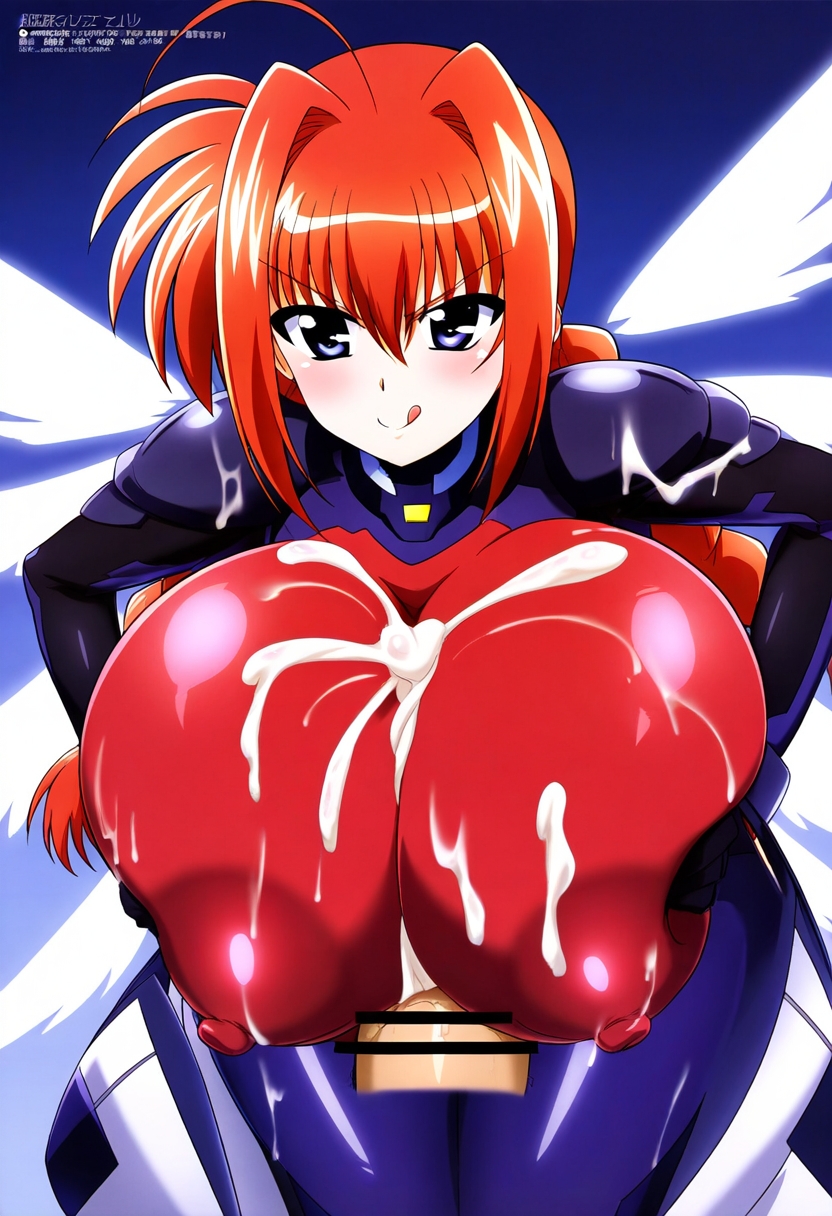 ヴィータズリ by ななな with ai art, Mahou Shoujo Lyrical Nanoha StrikerS, vita, huge breasts, tight bodysuit, paizuri, clothed paizuri