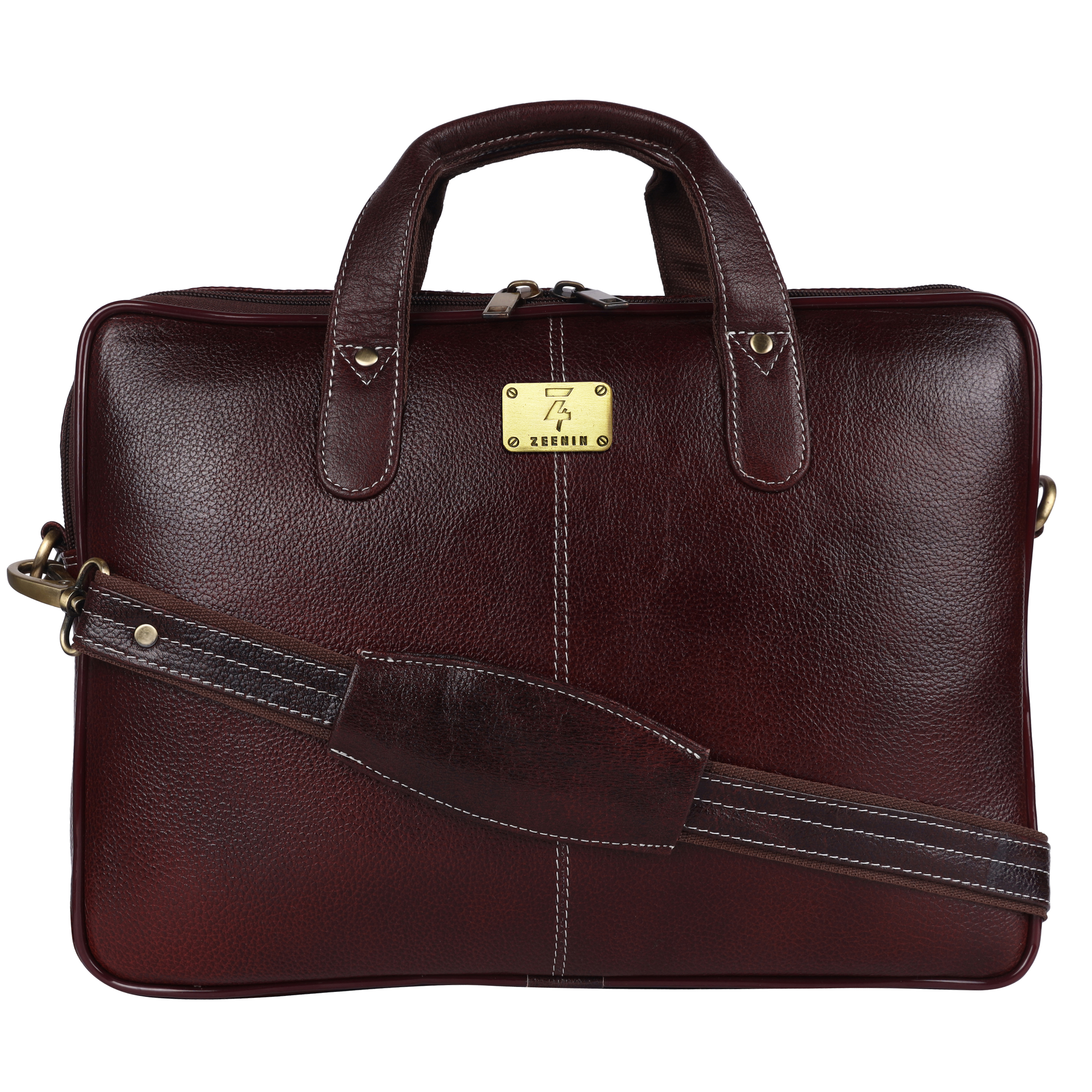 Zeenin Pure Genuine Leather 14.5 Inch Briefcase Laptop Messenger Crossbody Office Bag, Formal Look, Brown