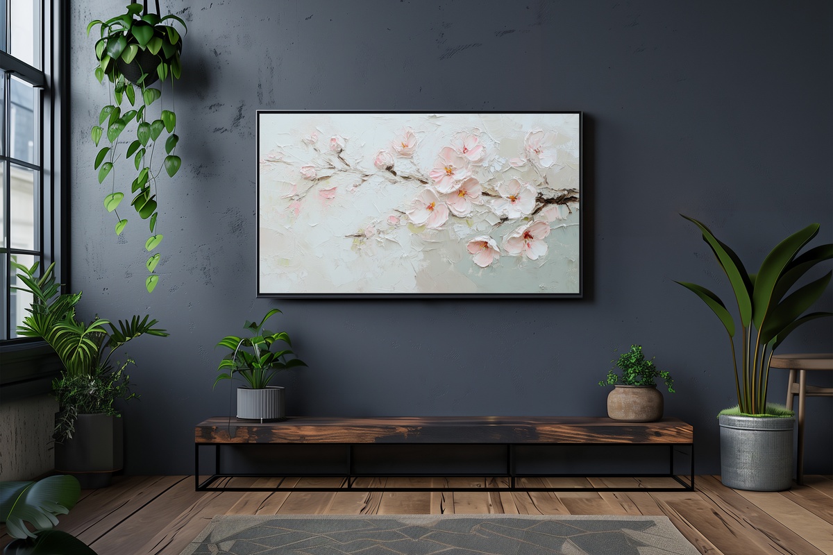 Cherry Blossom Murmurs Spring Frame TV Art — soft pink abstract blossoms on a Frame TV display